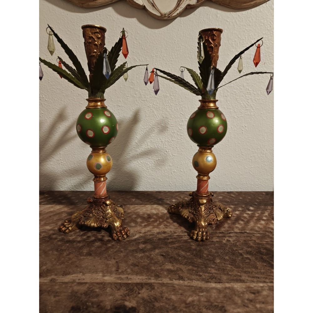 Pair of Vintage Bella Casa Palm Tree Dangling Prism Candle Holders Ganz 15'